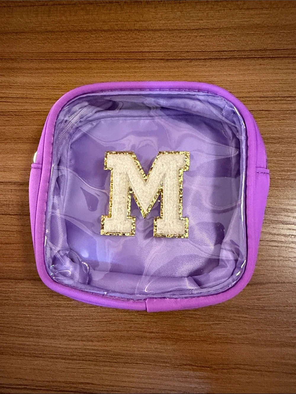 Preppy Clear Makeup Bag Initial M Purple Nylon Toiletry Pouch Travel Mini New